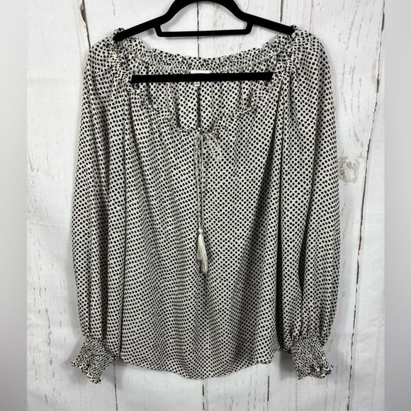 Max Studio Blouse Tie Neck Long Sleeve Ruched Cuff Geometric Polka Dot Boat Neck - Picture 3 of 8